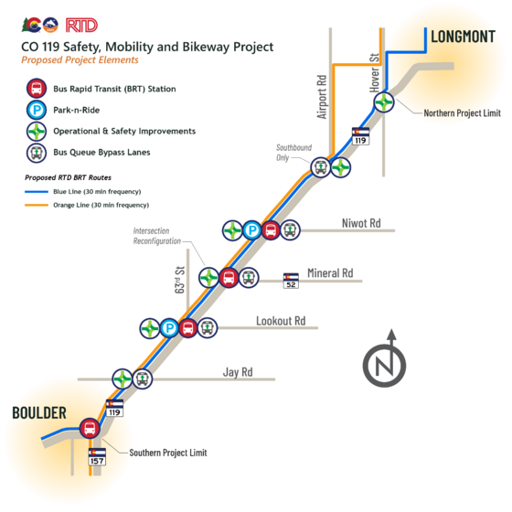 CDOT Highway 119 project map showing the area between Longmont and Boulder