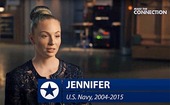 Woman sitting being interviewed. Jennifer a Navy Veteran.